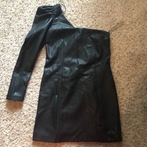 Black faux leather, one sleeve dress